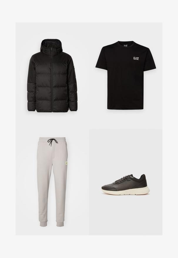 Sort pufferjakke med lynlås, hætte, quiltede sektioner og elastiske manchetter, lavet af et glat, vandafvisende materiale.; Sort bomuld t-shirt med rund halsudskæring, korte ærmer og lille hvidt EA7-logo på venstre bryst. Glat tekstur og almindelig pasform.; Lys grå joggingbukser lavet af blød bomuldsblanding, med elastisk talje med sort snor, sidelommer og ribkant ved anklerne.; Mørkebrune sneakers med en struktureret læderoverdel, perforerede detaljer og en let lys cremefarvet sål. Har snørebånd og diskret branding.
