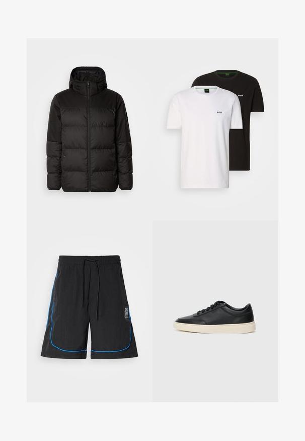 Melna pūkainā jakā iezīmes ir rāvējslēdzēja aizdare, kapuce, kvadrātveida šuves un elastīgas aproces, izgatavota no gludas, ūdensizturīgas vielas.; Divas kokvilnas T-krekli melnā un baltā krāsā, ar apaļu kakla izgriezumu un mazu logo uz krūtīm. Abiem ir īsas piedurknes un taisna piegriezuma.; Melni peldkostīmi ar kordes jostu, ar zilu apdari gar šuvēm un logotipu uz kreisā augšstilba. Viegls audums.; Melnas zemas ādas sporta kurpes ar melnām auklām un off-white zoli, rādītas no sānu profila uz baltā fona.