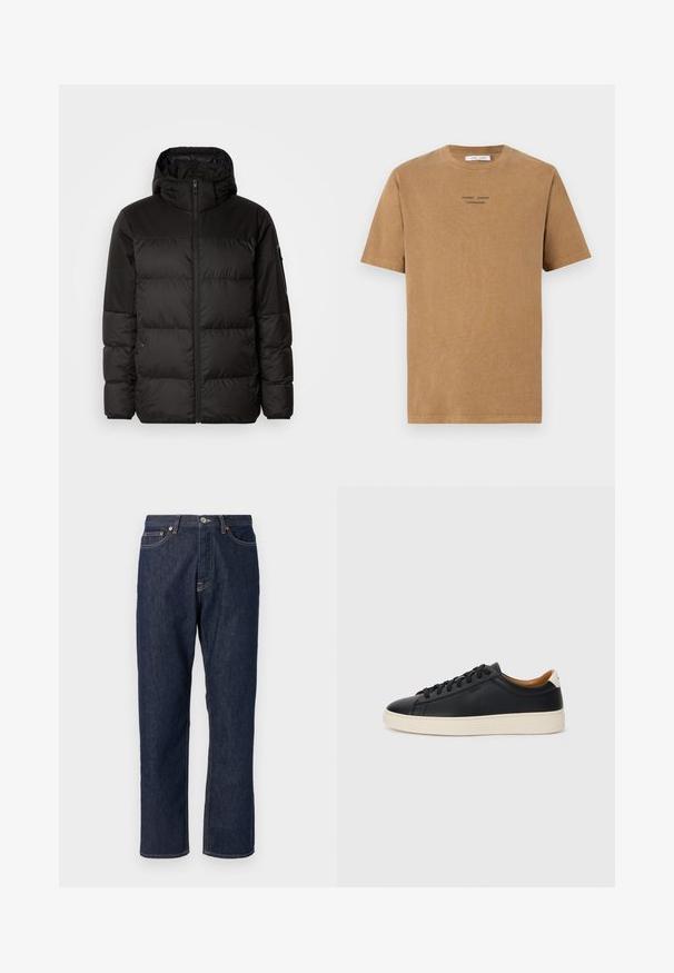 Juodas pūkinis švarkas turi užtrauktuką, gobtuvą, siūlinčius skyrius ir elastinius rankogalius, pagamintas iš lygaus, vandeniui atsparaus medžiagos.; Ruda medvilnės marškinėliai su apvalia iškirpte, trumpomis rankovėmis ir juodu tekstu "SAMSE SAMSE COPENHAGEN" priekyje.; Tamsiai mėlynos džinsinės kelnės su tiesiu šlaunies dizainu. Yra mygtuko ir užtrauktuko uždarymas, penki kišenės ir kontrastingi siuvimo akcentai.; Juodos odinės sportbačiai su lygiu paviršiumi, smėlio spalvos guminis padas, raišteliais užsegama konstrukcija ir kontrastingas kulno akcentas.