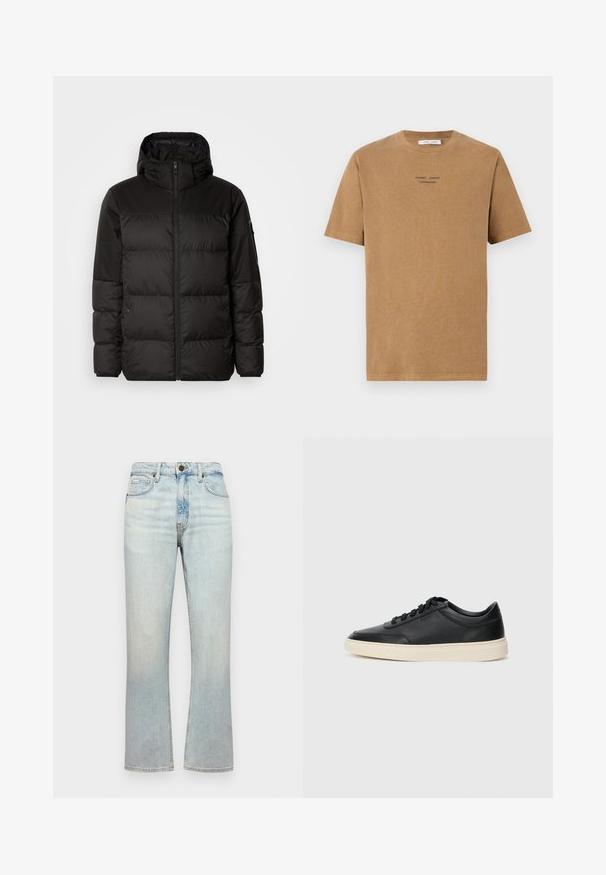A jaqueta puffer preta apresenta um fecho zip, um capuz, secções acolchoadas e punhos elásticos, confeccionada em um material liso e resistente à água.; T-shirt de algodão castanho com gola redonda, mangas curtas e texto preto a dizer "SAMSE SAMSE COPENHAGEN" na frente.; Jeans de ganga azul claro com uma cintura alta, corte reto e desbotamento subtil. Apresenta cinco bolsos e fecho com botão metálico.; Sapatilha preta de cano baixo em pele com atacadores pretos e sola off-white, apresentada em perfil lateral sobre fundo branco.