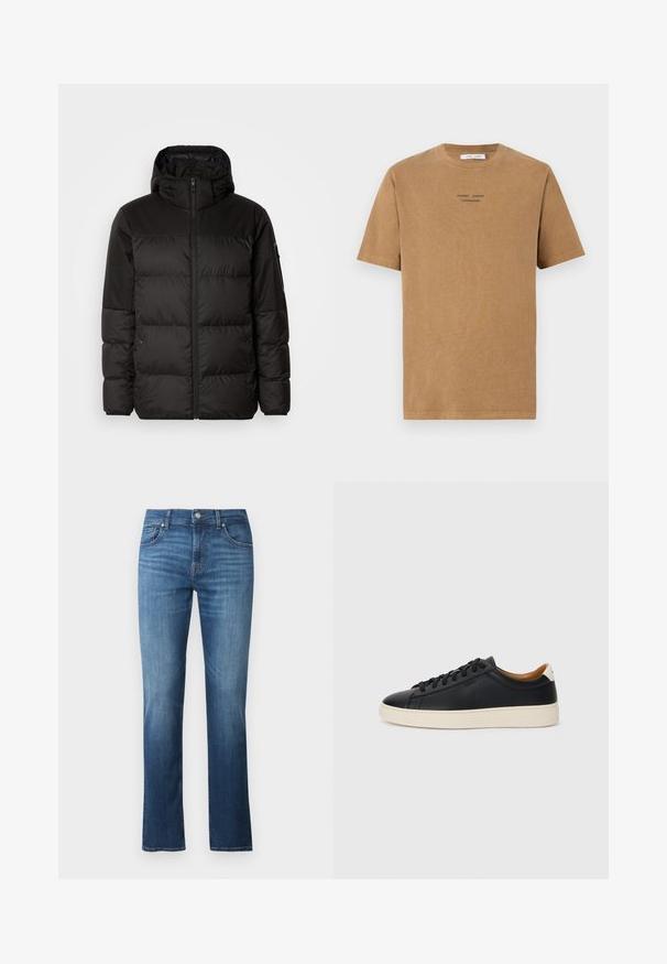 Črna zimska jakna ima zadrgo, kapuco, prešite odseke in elastične manšete, izdelana je iz gladkega, vodoodpornega materiala.; Brašna bombažna majica s kratkimi rokavi in okroglo odprtino za vrat, v rjavi barvi, na sprednji strani pa črn napis "SAMSE SAMSE COPENHAGEN".; Modri indigo kavbojki z ravnim krojem, ki imajo srednje visok pas, pet žepov in gladko teksturo. Z blagim bledenjem in kontrastnim šivanjem.; Črne usnjene superge z gladko teksturo, bež gumijastim podplatom, zavezovalnim dizajnom in kontrastnim nagibom na peti.