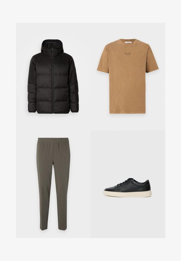 A fekete steppelt dzseki cipzáros záródással, kapucnival, steppelt részekkel és rugalmas mandzsettákkal rendelkezik, sima, vízálló anyagból készült.; Barna pamut póló kerek nyakkivágással, rövid ujjal, elöl fekete szöveggel, amely így olvasható: "SAMSE SAMSE COPENHAGEN".; Olíva zöld nadrág, puha anyagból készült, rugalmas derékkal, szűkített lábszárral, és nincs rajta látható zseb vagy fém alkatrész.; Fekete, alacsony szárú bőrsneaker fekete fűzőkkel és törtfehér talppal, oldalnézetben, fehér háttér előtt.
