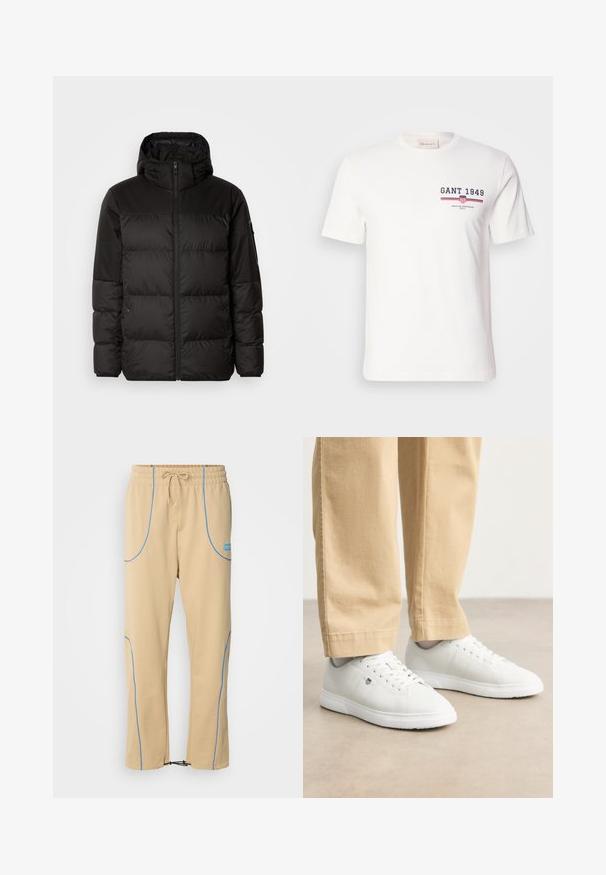A fekete steppelt dzseki cipzáros záródással, kapucnival, steppelt részekkel és rugalmas mandzsettákkal rendelkezik, sima, vízálló anyagból készült.; Fehér pamutzsák, rövid ujjú, melyen a "GANT 1949" logó található tengerészkék és piros színben, valamint vízszintes piros és kék csíkos díszítéssel.; HUGO NIPIPEPANT - Tréningruha alsók - medium beige; Fehér bőr sportcipők sima felülettel, kerek orral, fűzős kivitelben, oldalt diszkrét logóval, bézs nadrággal párosítva.