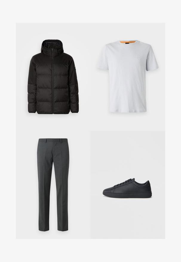 A fekete steppelt dzseki cipzáros záródással, kapucnival, steppelt részekkel és rugalmas mandzsettákkal rendelkezik, sima, vízálló anyagból készült.; Világosszürke, rövid ujjú pamut póló, kis logóval a mellrészén és kontrasztos narancssárga díszítés a nyakkivágásnál.; Sötétszürke, sima textíliából készült, szabott nadrág. Egyenes lábakkal, lapos elülső résszel és övbújtatókkal rendelkezik. Nincsenek látható minták vagy díszítések.; Fekete sportcipők sima bőrből, alacsony szárú kivitelben, kerek orral és lapos gumitalppal. Zsinóros rögzítéssel és diszkrét márkajelzéssel rendelkezik.