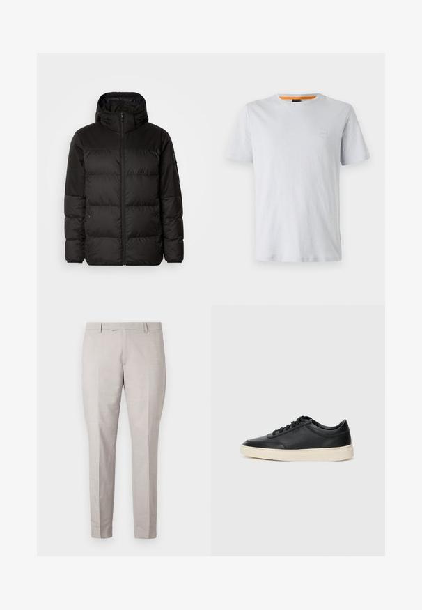 A jaqueta puffer preta apresenta um fecho zip, um capuz, secções acolchoadas e punhos elásticos, confeccionada em um material liso e resistente à água.; T-shirt de manga curta cinza claro, feita de algodão, com um pequeno emblema no peito e um detalhe em laranja contrastante na gola.; Calças cinzentas claras feitas de um tecido suave, com uma frente plana, pernas retas e uma cintura ajustada com passantes para cinto.; Sapatilha preta de cano baixo em pele com atacadores pretos e sola off-white, apresentada em perfil lateral sobre fundo branco.