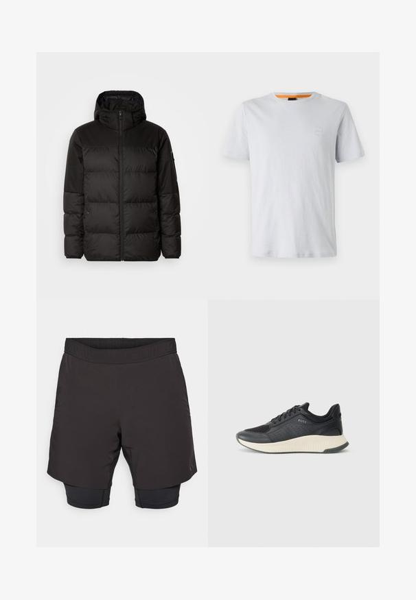 Čierna prešívaná bunda má zips, kapucňu, prešívané sekcie a elastické manžety, vyrobená z hladkého, vodeodolného materiálu.; Svetlo šedé tričko s krátkym rukávom vyrobené z bavlny, ktoré má malé logo na hrudi a kontrastný oranžový akcent na výstrihu.; Čierne športové šortky s elastickým pásom, s kratšou vonkajšou vrstvou a priliehavou vnútornou vrstvou, vyrobené z ľahkého materiálu.; Čierne športové tenisky s vrchnou časťou z sieťoviny s perforáciami, textúrovanou medzipodrážkou v krémovej farbe a gumovou podrážkou pre lepšiu trakciu.