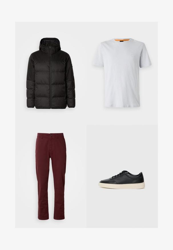 A fekete steppelt dzseki cipzáros záródással, kapucnival, steppelt részekkel és rugalmas mandzsettákkal rendelkezik, sima, vízálló anyagból készült.; Világosszürke, rövid ujjú pamut póló, kis logóval a mellrészén és kontrasztos narancssárga díszítés a nyakkivágásnál.; Barna pamut nadrág egyenes szabással, elülső zsebekkel, egygombos záródással és látható varrási részletekkel.; Fekete, alacsony szárú bőrsneaker fekete fűzőkkel és törtfehér talppal, oldalnézetben, fehér háttér előtt.