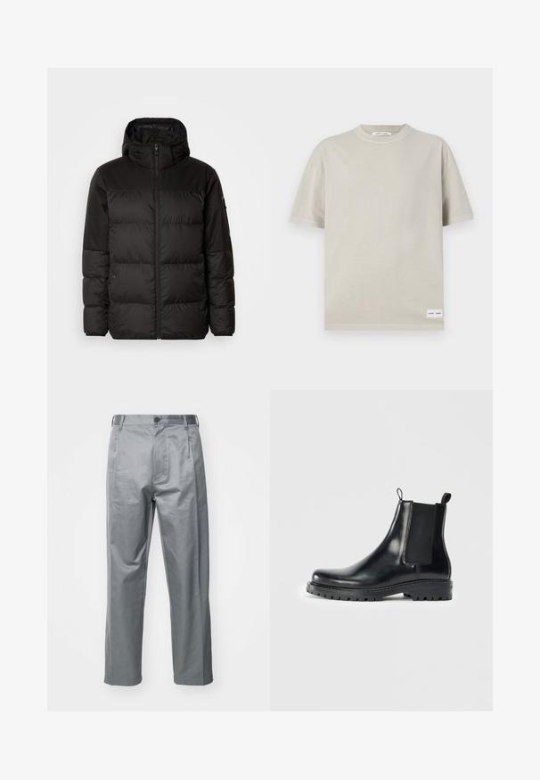 Crna puf jakna ima zatvaranje na zip, kapuljaču, kviltane dijelove i elastične manžete, izrađena je od glatkog, vodootpornog materijala.; Svijetlosmeđi kratki rukav majica izrađena od mekog materijala, s okruglim izrezom i malom oznakom na donjem lijevom dijelu.; Sive pamučne hlače s ravnim krojem, koje imaju prednje dugme za zatvaranje, petlje za pojas i bočne džepove.; Crne kožne Chelsea čizme s elastičnim bočnim panelima, petljom za jednostavno obuvanje i robusnim gumenim đonom s teksturiranim gripom.