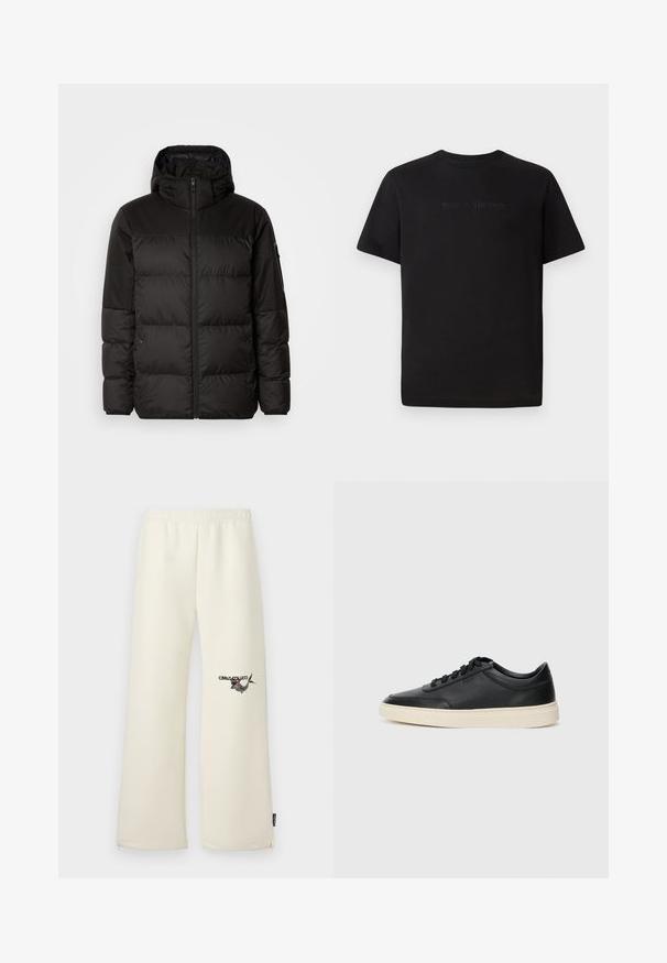 Crna puf jakna ima zatvaranje na zip, kapuljaču, kviltane dijelove i elastične manžete, izrađena je od glatkog, vodootpornog materijala.; Lacoste Osnovna majica kratkih rukava - black; Kremaste trenirke s opuštenim krojem, elastičnim pojasom i bočnim džepovima. Imaju printani uzorak na lijevom bedru.; Crne niske kožne tenisice s crnim vezicama i kremasto bijelom potplatom prikazane u bočnom profilu na bijeloj pozadini.