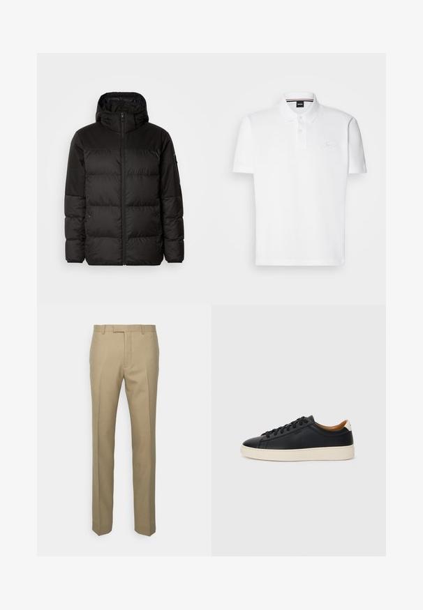 Melna pūkainā jakā iezīmes ir rāvējslēdzēja aizdare, kapuce, kvadrātveida šuves un elastīgas aproces, izgatavota no gludas, ūdensizturīgas vielas.; Balts polo krekls, kas izgatavots no kokvilnas un poliestera maisījuma, ar apkakli, divu pogu aizdari un diskretu izšūtu logo uz krūtīm.; Bežs pielāgots bikses, izgatavotas no auduma ar audumu, ar taisnu kāju dizainu, krokotu detaļu un klasisku jostasvietu ar jostu cilpiņām.; Melni ādas sporta apavi ar gludu tekstūru, bēša krāsas gumijas zole, auklu aizdare un kontrastējošs papēža akcents.