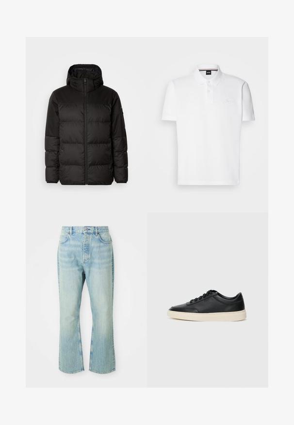 Mustikas puffer-jakk sisaldab tõmblukku, kapuutsi, tikandiga osi ja elastseid mansette, valmistatud siledast veekindlast materjalist.; Valge polo särk, mis on valmistatud puuvilla ja polüestri segust, omades kraed, kaht nuppu pliiatsis ning peent tikandit rinnal.; Heledad sinise denimi laiendid teksad kõrge vöökohaga, mis sisaldavad viit taskut, vöörihmasid ja määrdunud pesu tekstuuri.; Mustad musta nahast madal sneaker mustade nööpidega ja kreemivalge tallaga, nähtud külgprofiilis valge tausta ees.