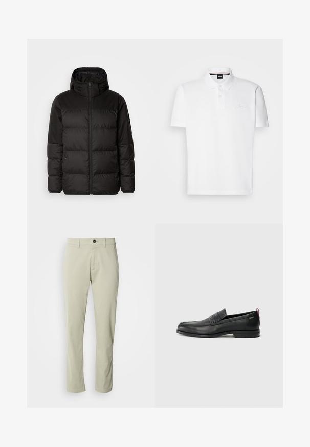 Juodas pūkinis švarkas turi užtrauktuką, gobtuvą, siūlinčius skyrius ir elastinius rankogalius, pagamintas iš lygaus, vandeniui atsparaus medžiagos.; Balta polo marškinėliai pagaminti iš medvilnės ir poliesterio mišinio, su apykakle, dviejų mygtukų uždarymu ir subtiliu siuvinėtu logotipu ant krūtinės.; Šviesiai rudos medvilninės chino kelnės su tiesiu siluetu, užtrauktuku ir vienu mygtuku. Turi diržų kilpos ir lygią tekstūrą.; Juodi odiniai loafersai su tekstūruotu priekinės dalies panele ir lygiomis šoninėmis dalimis. Yra plonas kulnas ir užpakalinė kilpa patogiam užsidėjimui. Klasikinis dizainas.