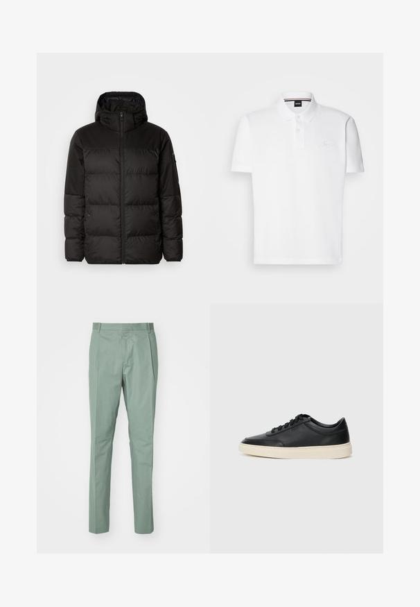 Melna pūkainā jakā iezīmes ir rāvējslēdzēja aizdare, kapuce, kvadrātveida šuves un elastīgas aproces, izgatavota no gludas, ūdensizturīgas vielas.; Balts polo krekls, kas izgatavots no kokvilnas un poliestera maisījuma, ar apkakli, divu pogu aizdari un diskretu izšūtu logo uz krūtīm.; Gaiši zaļas bikses ar taisnu piegriezumu, ar gludu priekšējo daļu, divām sānu kabatām un līdzenas auduma tekstūru. Nav redzamu rakstu vai metāla elementu.; Melnas zemas ādas sporta kurpes ar melnām auklām un off-white zoli, rādītas no sānu profila uz baltā fona.