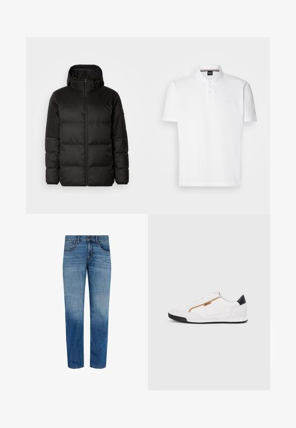 Schwarze Pufferjacke mit Reißverschluss, Kapuze, gesteppten Abschnitten und elastischen Bündchen, hergestellt aus einem glatten, wasserabweisenden Material.; Weißes Poloshirt aus einer Baumwoll-Polyester-Mischung, mit Kragen, zwei Knopf-Leiste und dezentem gesticktem Logo auf der Brust.; Helleblaue Jeans aus Denim mit geradem Bein Design, ausgestattet mit Ausbleichungen, fünf Taschen und einem klassischen Taillenbund mit Knopfverschluss.; Weiße Sportschuhe mit Mesh- und Lederelementen. Ausgestattet mit einem goldenen "BOSS"-Logo, strukturierten Seitenpaneelen und einer schwarzen Fersenkappe. Gummisohle.
