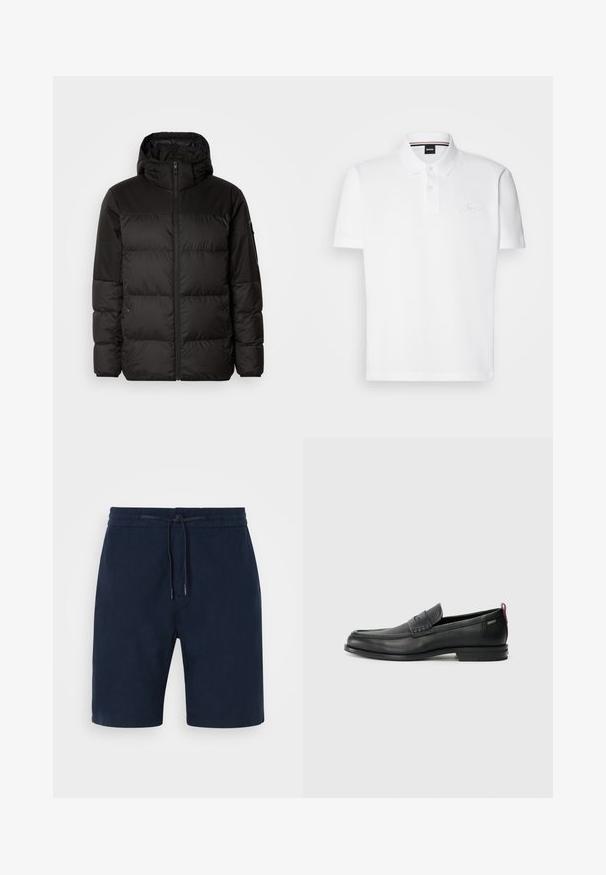 Sort pufferjakke med lynlås, hætte, quiltede sektioner og elastiske manchetter, lavet af et glat, vandafvisende materiale.; Hvid polo skjorte lavet af en blanding af bomuld og polyester, med krave, to-knaps placket og diskret broderet logo på brystet.; Mørkeblå shorts lavet af blødt stof, med elastisk talje og snor, sidelommer og lige ben.; Sorte læder loafers med en tekstureret frontpanel og glatte sider. Har en slank hæl og en bageste løkke til nem påtagning. Klassisk design.