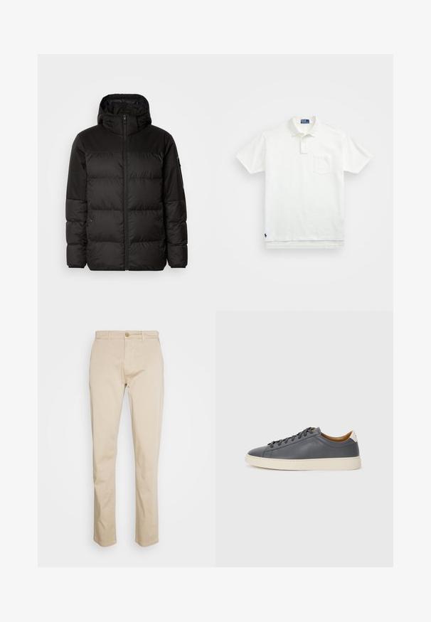 A fekete steppelt dzseki cipzáros záródással, kapucnival, steppelt részekkel és rugalmas mandzsettákkal rendelkezik, sima, vízálló anyagból készült.; Fehér pólóing, pamutból készült, klasszikus gallérral, háromgombos végigfutóval és bal oldali zsebével; kis logó a szegélyen.; Beige színű pamut chinos nadrág egyenes szárú kialakítással, gombos záródással és finom textúrával. Nincs látható minta vagy kiegészítő.; Szürke bőr sportcipő kerek orral, gumitalppal, lapos fűzőkkel és világos színű részletekkel a sarkán. Simás textúrával és minimalista dizájnnal rendelkezik.