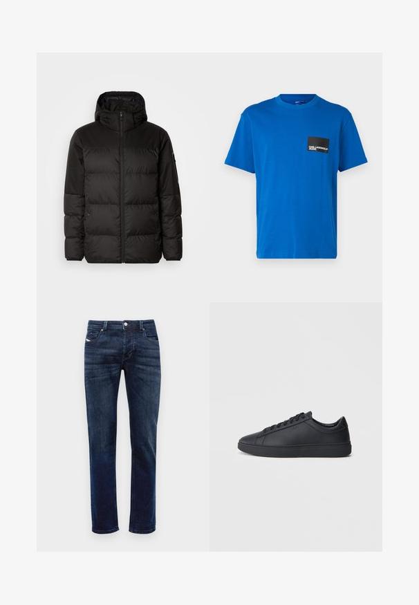 Crna puf jakna ima zatvaranje na zip, kapuljaču, kviltane dijelove i elastične manžete, izrađena je od glatkog, vodootpornog materijala.; Plava pamučna majica s okruglim izrezom, kratkim rukavima, koja ima crni kvadratni džep s bijelim tekstom logotipa. Glatka tekstura.; Tamno plavi traperice sa ravnim krojem, s patentnim zatvaračem, pet džepova i suptilnim detaljima šivanja. Glatka tekstura.; Crne tenisice od glatke kože s niskim dizajnom, okruglim vrhom i ravnim gumenim đonom. Imaju vezice i suptilno brendiranje.