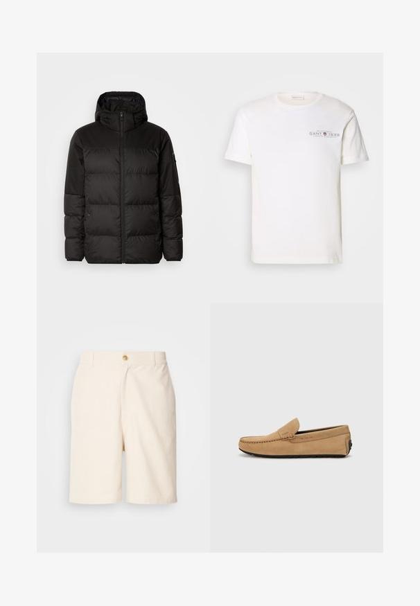 Melna pūkainā jakā iezīmes ir rāvējslēdzēja aizdare, kapuce, kvadrātveida šuves un elastīgas aproces, izgatavota no gludas, ūdensizturīgas vielas.; Balta kokvilnas T-kreklu ar apaļu kakla izgriezumu, īsām piedurknēm un ar apdrukātu logotipu. Iezīmē minimālistisku dizainu un brīvu piegriezumu.; Les Deux JOHNNY CASUAL - Šorti - ivory; Beidzīgas zamšas mokasīni ar izšūtu purngali, pieslīdēšanas dizains un melna gumijas zole. Satur nedaudz pamanāmu zīmolu uz sāna.