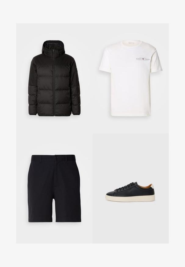Sort pufferjakke med lynlås, hætte, quiltede sektioner og elastiske manchetter, lavet af et glat, vandafvisende materiale.; Hvid bomulds t-shirt med rund hals, korte ærmer og trykt logo. Har minimalistisk design og afslappet pasform.; Sorte shorts lavet af en bomuldsblanding, med en klassisk pasform, frontlommer og en knaplukning i taljen.; Sorte lædersneakers med en glat overflade, beige gummisål, snørebåndsdesign og en kontrastfarvet hæl.