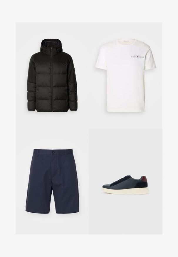 Black puffer jacket features a zip closure, a hood, quilted sections, and elastic cuffs, made from a smooth, water-resistant material.; White cotton t-shirt with a crew neck, short sleeves, and a printed logo. Features minimalist design and relaxed fit.; Navy blue shorts made of lightweight fabric with a button closure, side pockets, straight cut, and visible stitching details.; Low-top men's sneaker in black leather and suede with maroon heel tab and white rubber sole, viewed from the outer side.