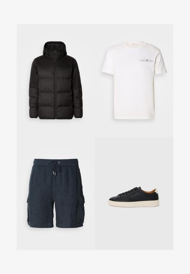 La chaqueta acolchada negra tiene un cierre de cremallera, capucha, secciones acolchadas y puños elásticos, hecha de un material suave y resistente al agua.; Camiseta de algodón blanca con cuello redondo, mangas cortas y un logo impreso. Presenta un diseño minimalista y un corte relajado.; Bermudas cargo para hombre en azul marino oscuro, hechas de tejido ligero, con cintura elástica y cordón ajustable, y dos bolsillos laterales.; Zapatillas negras de cuero con una textura suave, suela de goma beige, diseño de cordones y un acento en el talón de color contrastante.