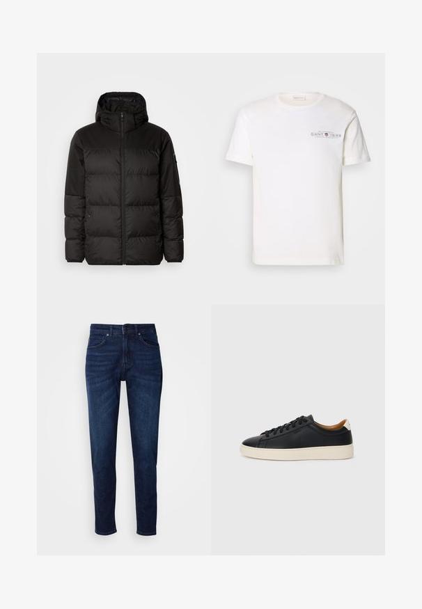 Black puffer jacket features a zip closure, a hood, quilted sections, and elastic cuffs, made from a smooth, water-resistant material.; White cotton t-shirt with a crew neck, short sleeves, and a printed logo. Features minimalist design and relaxed fit.; Dark blue denim jeans with a straight leg design, featuring pockets and a button closure at the waist. Soft texture, minimal fading details.; Black leather sneakers with a smooth texture, beige rubber sole, lace-up design, and a contrasting heel accent.