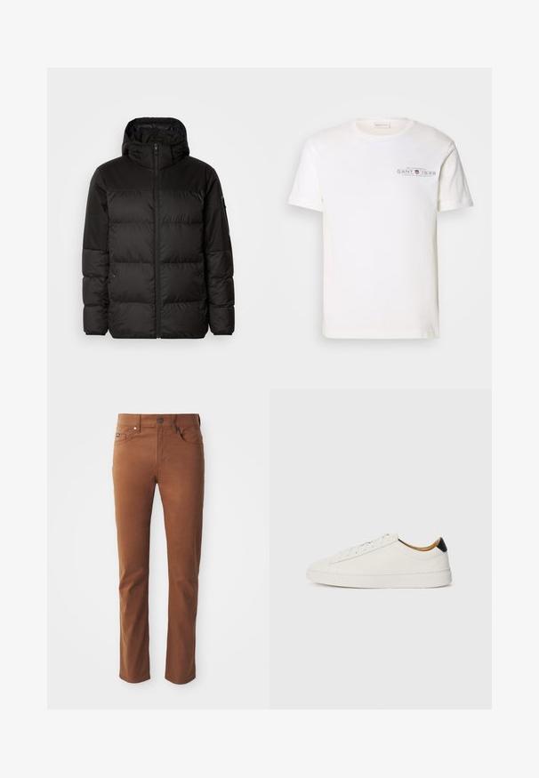 Melna pūkainā jakā iezīmes ir rāvējslēdzēja aizdare, kapuce, kvadrātveida šuves un elastīgas aproces, izgatavota no gludas, ūdensizturīgas vielas.; Balta kokvilnas T-kreklu ar apaļu kakla izgriezumu, īsām piedurknēm un ar apdrukātu logotipu. Iezīmē minimālistisku dizainu un brīvu piegriezumu.; Brūni kokvilnas bikses ar taisno kāju dizainu, ar priekšējo pogu aizdari, piecām kabatām un minimālu šuvju detaļu.; Balti apavi ar gludu ādas augšdaļu, apaļu purngalu un plakanu zoli. Melns akcentus papēdī, ar tonālām šņorēm un minimālu zīmolu.