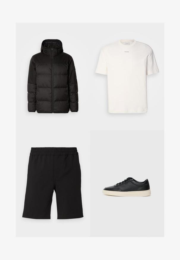 Černá péřová bunda má zipový uzávěr, kapuci, prošívané části a elastické manžety, vyrobená z hladkého, voděodolného materiálu.; Bílá bavlněná tričko s kulatým výstřihem, krátkými rukávy a vyšitým logem "Calvin Klein" na prostředku hrudi. Jednoduchý design.; Černé šortky vyrobené z pohodlné tkaniny s elastickým pasem. Jednoduchý design, rovný střih, vhodné pro volnočasové nošení.; Černé kožené nízké tenisky s černými tkaničkami a slonovinovou podešví, zobrazené v bočním profilu na bílém pozadí.