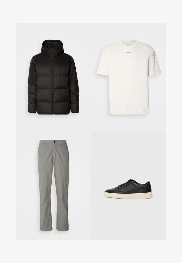 Juodas pūkinis švarkas turi užtrauktuką, gobtuvą, siūlinčius skyrius ir elastinius rankogalius, pagamintas iš lygaus, vandeniui atsparaus medžiagos.; Balta medvilninė marškinėlių suapvalintu kaklu, trumpomis rankovėmis ir siuvinėtu "Calvin Klein" logotipu krūtinės centre. Paprastas dizainas.; Šviesiai pilki kelnių pagaminti iš lengvos medžiagos. Jie turi priekines mygtukų sagtis, įstrižas kišenes ir tiesių kojų dizainą.; Juoda žema viršutinė odinė sportbačiai su juodais raišteliais ir kreminiu padu, pateikti šoniniame profilyje ant baltos fono.