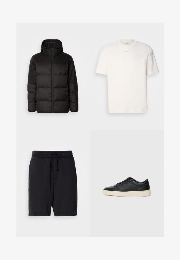 Black puffer jacket features a zip closure, a hood, quilted sections, and elastic cuffs, made from a smooth, water-resistant material.; White cotton T-shirt featuring a round neck, short sleeves, and embroidered "Calvin Klein" logo at the chest center. Plain design.; Black cotton shorts with elastic waistband and drawstring. Features side pockets and subtle embossed branding on the lower left leg.; Black low-top leather sneaker with black laces and off-white sole shown in side profile on white background.