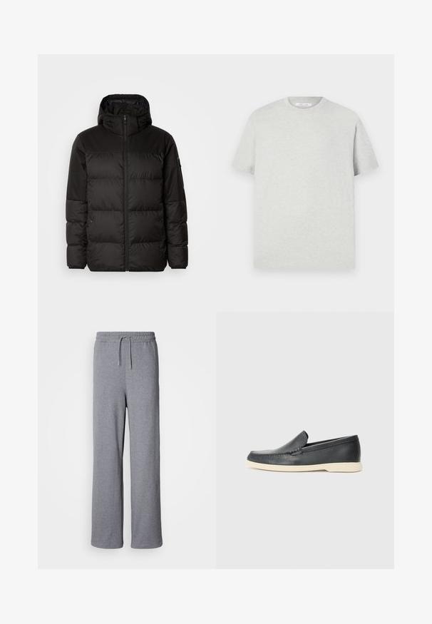 A jaqueta puffer preta apresenta um fecho zip, um capuz, secções acolchoadas e punhos elásticos, confeccionada em um material liso e resistente à água.; T-shirt cinza claro de manga curta feito de material suave, com um decote redondo e um corte relaxado, sem padrões ou detalhes visíveis.; Calças de moletão largas e cinzentas, feitas de material macio; apresentam uma cintura elástica com cordão e sem bolsos. Design simples e sem adorno.; Mocassins pretos em couro com acabamento texturizado e sola de borracha bege em contraste. Apresenta um detalhe subtil na parte da frente.