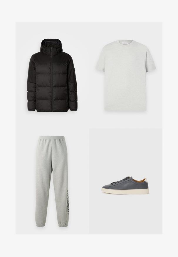 Crna puf jakna ima zatvaranje na zip, kapuljaču, kviltane dijelove i elastične manžete, izrađena je od glatkog, vodootpornog materijala.; Svijetlo siva majica s kratkim rukavima izrađena od mekog materijala, s okruglim izrezom i opuštenim krojem bez vidljivih uzoraka ili aksesoara.; Sive trenirke izrađene od mekog pamučnog materijala, s elastičnom trakastom i manžetama, s otisnutim tekstom uz bočnu stranu.; Sivi kožni tenisice s okruglim vrhom, gumeni potplat, ravne vezice i svijetlo obojeni detalji na peti. Glatka tekstura i minimalistički dizajn.