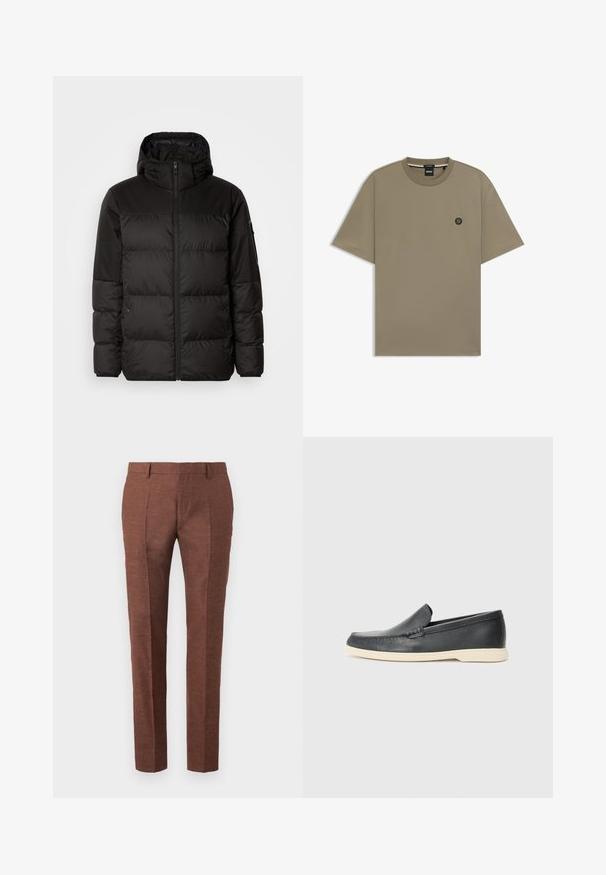 Black puffer jacket features a zip closure, a hood, quilted sections, and elastic cuffs, made from a smooth, water-resistant material.; Short-sleeve T-shirt in olive green, made of cotton blend, featuring a round neckline and a small logo patch on the left chest.; Brown linen trousers with a textured finish, feature a slim fit design, stitched front creases, and two side pockets.; Black leather slip-on loafers with a textured finish and a contrasting beige rubber sole. Features a subtle accent along the front.