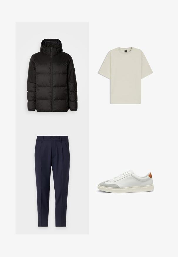 Musta puhvijakku sisältää vetoketjun, hupun, tilkuista koostuvia osioita ja joustavat hihansuut. Se on valmistettu sileästä, vedenpitävästä materiaalista.; Vaaleanbeige t-paita, joka on valmistettu pehmeästä puuvillasta ja jossa on rento malli, pyöreä kaula-aukko ja lyhyet hihat. Ei näkyviä kuvioita tai yksityiskohtia.; Trousers navy blue dengan potongan yang disesuaikan, dilengkapi dengan lipatan, penutupan kancing, dan saku samping. Terbuat dari bahan halus dengan sedikit kilau.; Valkoiset nahkakengät, joissa on harmaat mikrokuituakkentit ja vaaleanruskea nahkakanta. Ominaisuuksiin kuuluu teksturoitu pinta ja kevyt pohja.