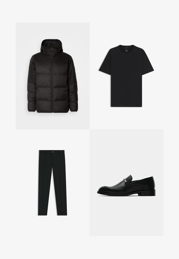 Svart puffjacka med blixtlås, huva, quiltade sektioner och elastiska mudd, tillverkad av ett slätt, vattentåligt material.; Svart kortärmad T-shirt i en mjuk bomullsblandning, med rundad halsringning och en minimalistisk design utan mönster eller detaljer.; Svarta dressbyxor med rak bendesign, gjorda av ett mjukt tyg. Har stängning med frontknapp och bälteshällor. Enfärgade utan mönster.; Svart läder herresko i loafer-stil med metallspänne, låg klack och märkessula, visad från sidan på en vit bakgrund.