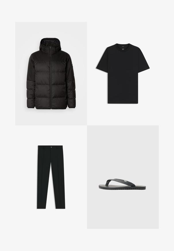 Svart puffjacka med blixtlås, huva, quiltade sektioner och elastiska mudd, tillverkad av ett slätt, vattentåligt material.; Svart kortärmad T-shirt i en mjuk bomullsblandning, med rundad halsringning och en minimalistisk design utan mönster eller detaljer.; Svarta dressbyxor med rak bendesign, gjorda av ett mjukt tyg. Har stängning med frontknapp och bälteshällor. Enfärgade utan mönster.; Svart flip-flop med texturerade remmar, platt sula och tandad kant. Tillverkad av gummi med en slät yta och minimalistisk design.