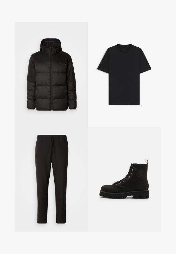 Il giubbotto puffo nero presenta una chiusura con zip, un cappuccio, sezioni trapuntate e polsini elastici, realizzato in un materiale liscio e resistente all'acqua.; Maglietta nera a maniche corte realizzata in un morbido misto cotone, con scollatura a girocollo e un design minimalista senza motivi o dettagli.; Pantaloni jogger neri realizzati in tessuto liscio. Presentano una vita elasticizzata con stringa, gambe affusolate e senza tasche visibili. Design semplice.; Stivale alla caviglia in suede nero con punta rotonda, chiusura con lacci frontale, suola spessa e dettagli testurizzati; presenta un risvolto sul retro.