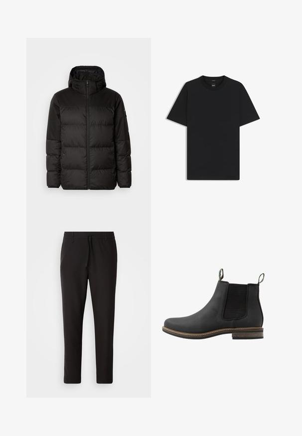 Czarna kurtka puchowa z zapięciem na zamek, kapturem, pikowanymi sekcjami i elastycznymi mankietami, wykonana z gładkiego, wodoodpornego materiału.; Czarny t-shirt krótki rękaw wykonany z gładkiej mieszanki bawełny, z okrągłym dekoltem i minimalistycznym designem bez wzorów czy akcentów.; Czarne spodnie dresowe wykonane z gładkiego materiału. Posiadają elastyczny pas ze sznurkiem, zwężane nogawki oraz brak widocznych kieszeni. Prosty design.; Czarny skórzany botek do kostki z elastycznymi panelami bocznymi, zielonymi uchwytami i brązowym, piętą o warstwie. Posiada gładkie wykończenie oraz detal szycia.
