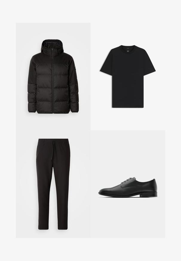 Il giubbotto puffo nero presenta una chiusura con zip, un cappuccio, sezioni trapuntate e polsini elastici, realizzato in un materiale liscio e resistente all'acqua.; Maglietta nera a maniche corte realizzata in un morbido misto cotone, con scollatura a girocollo e un design minimalista senza motivi o dettagli.; Pantaloni jogger neri realizzati in tessuto liscio. Presentano una vita elasticizzata con stringa, gambe affusolate e senza tasche visibili. Design semplice.; Scarpe eleganti in pelle nera con un design raffinato, punta rotonda, cinque occhielli per i lacci e un piccolo tacco rialzato. Dettaglio del logo goffrato discreto.