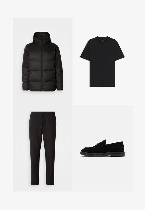 Schwarze Pufferjacke mit Reißverschluss, Kapuze, gesteppten Abschnitten und elastischen Bündchen, hergestellt aus einem glatten, wasserabweisenden Material.; Schwarz T-Shirt mit kurzen Ärmeln aus einem glatten Baumwollmix, mit Rundhalsausschnitt und einem minimalistischen Design ohne Muster oder Akzente.; Schwarze Jogginghose aus glattem Stoff. Mit einem elastischen Bund und Kordelzug, schmal zulaufenden Beinen und ohne sichtbare Taschen. Einfaches Design.; HUGO CHAOL - Slipper - black