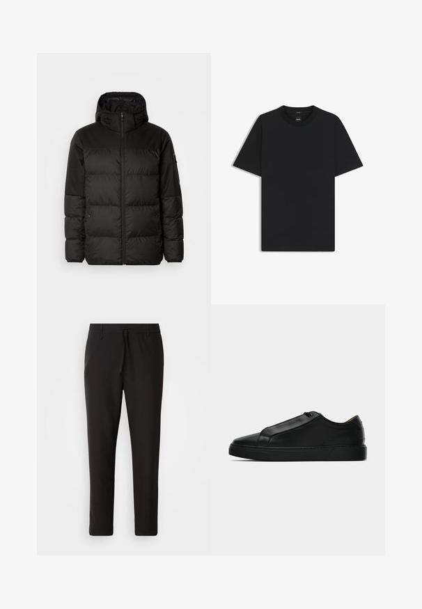 Czarna kurtka puchowa z zapięciem na zamek, kapturem, pikowanymi sekcjami i elastycznymi mankietami, wykonana z gładkiego, wodoodpornego materiału.; Czarny t-shirt krótki rękaw wykonany z gładkiej mieszanki bawełny, z okrągłym dekoltem i minimalistycznym designem bez wzorów czy akcentów.; Czarne spodnie dresowe wykonane z gładkiego materiału. Posiadają elastyczny pas ze sznurkiem, zwężane nogawki oraz brak widocznych kieszeni. Prosty design.; Czarne niskie trampki z gładkiej skóry, minimalne szwy i gumowa podeszwa, przedstawione w profilu na białym tle.