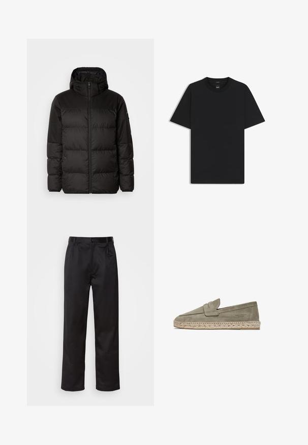 Sort pufferjakke med lynlås, hætte, quiltede sektioner og elastiske manchetter, lavet af et glat, vandafvisende materiale.; Sort kortærmet T-shirt lavet af en glat bomuldsblanding, med en rund halsudskæring og et minimalistisk design uden mønstre eller accenter.; Sorte bukser lavet af glat stof, med frontknaplukning, pressefolder og lige ben. Ingen synlige mønstre eller accenter.; Lysgrøn ruskind slip-on sko med en vævet jute sål, der har et foldet accent ved fronten og en lav hæl. Enkel design, flad profil.