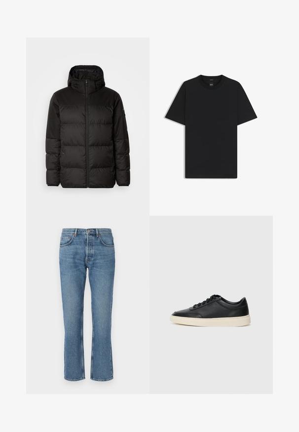 Il giubbotto puffo nero presenta una chiusura con zip, un cappuccio, sezioni trapuntate e polsini elastici, realizzato in un materiale liscio e resistente all'acqua.; Maglietta nera a maniche corte realizzata in un morbido misto cotone, con scollatura a girocollo e un design minimalista senza motivi o dettagli.; Jeans in denim blu chiaro con taglio dritto, design a cinque tasche e cuciture a contrasto. Il tessuto ha una consistenza morbida e una leggera sfumatura.; Sneaker in pelle nera a basso profilo con lacci neri e suola avorio, mostrato di profilo su sfondo bianco.
