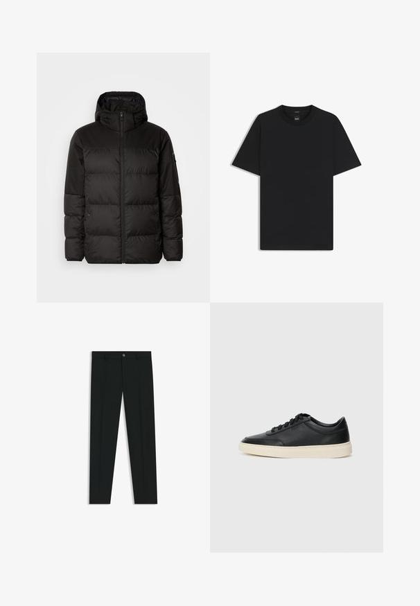 Black puffer jacket features a zip closure, a hood, quilted sections, and elastic cuffs, made from a smooth, water-resistant material.; Black short-sleeve T-shirt made from a smooth cotton blend, featuring a crew neckline and a minimalistic design with no patterns or accents.; Black dress pants with a straight-leg design, made of smooth fabric. Features a front button closure and belt loops. Plain without patterns.; Black low-top leather sneaker with black laces and off-white sole shown in side profile on white background.