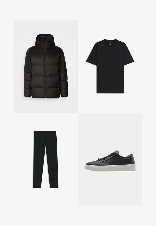 Black puffer jacket features a zip closure, a hood, quilted sections, and elastic cuffs, made from a smooth, water-resistant material.; Black short-sleeve T-shirt made from a smooth cotton blend, featuring a crew neckline and a minimalistic design with no patterns or accents.; Black dress pants with a straight-leg design, made of smooth fabric. Features a front button closure and belt loops. Plain without patterns.; Black leather sneaker with a smooth texture, round toe, and black laces. Features a thick, white rubber sole with subtle geometric accents.