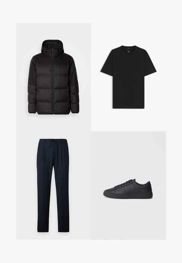 Il giubbotto puffo nero presenta una chiusura con zip, un cappuccio, sezioni trapuntate e polsini elastici, realizzato in un materiale liscio e resistente all'acqua.; Maglietta nera a maniche corte realizzata in un morbido misto cotone, con scollatura a girocollo e un design minimalista senza motivi o dettagli.; Pantaloni blu navy realizzati in un tessuto leggero, con un motivo testurizzato, frontale plissettato e una vita elastica con coulisse.; Sneakers neri realizzati in pelle liscia, con design a bassa cima, punta rotonda e suola piatta in gomma. Presentano lacci e un branding discreto.