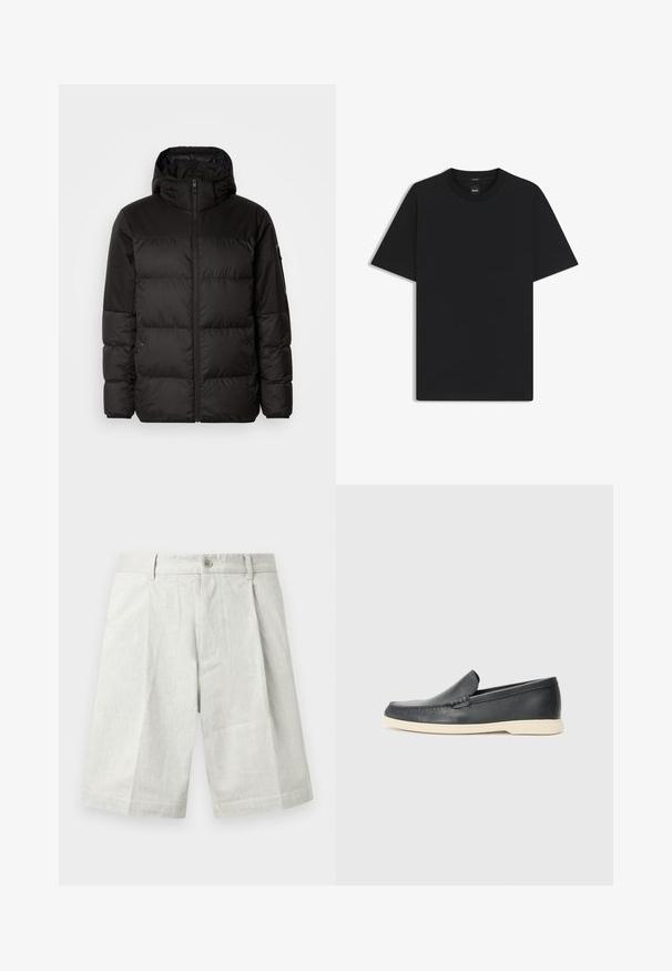 Zwarte pufferjas met ritsluiting, een capuchon, gequiltte secties en elastische manchetten, gemaakt van een glad, waterafstotend materiaal.; Zwarte korte mouwen T-shirt van een gladde katoenmix, met een ronde halslijn en een minimalistisch ontwerp zonder patronen of accenten.; Lichtgrijze korte broek van gestructureerde stof, met knoopsluiting, plooien en een rechte snit, geschikt voor casual draagstijl.; Zwarte leren instappers met een gestructureerde afwerking en een contrasterende beige rubberen zool. Beschikt over een subtiele accent langs de voorkant.