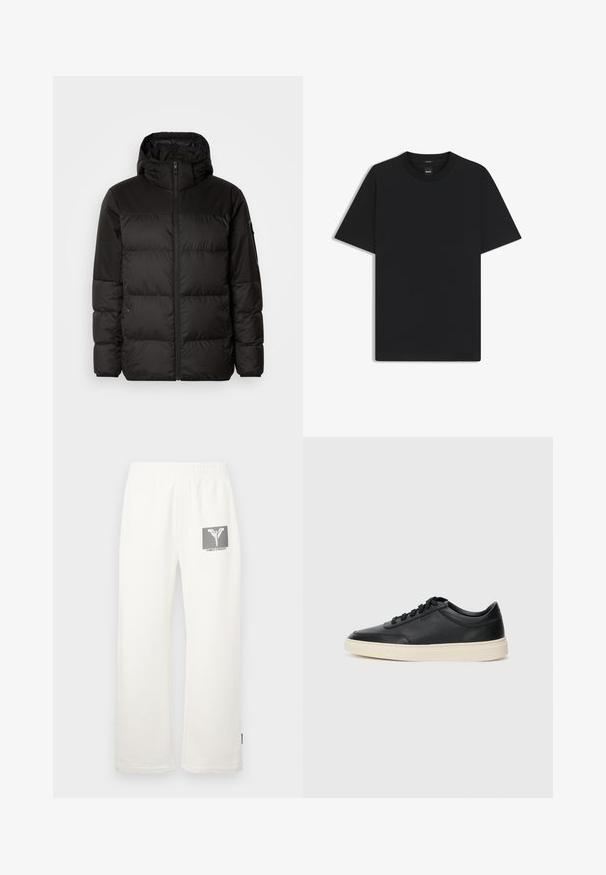 Zwarte pufferjas met ritsluiting, een capuchon, gequiltte secties en elastische manchetten, gemaakt van een glad, waterafstotend materiaal.; Zwarte korte mouwen T-shirt van een gladde katoenmix, met een ronde halslijn en een minimalistisch ontwerp zonder patronen of accenten.; Witte katoenen sweatpants met een elastische tailleband, met een grafische logopatch in zwart en grijs aan de linkerkant.; Zwarte leren sneaker met lage schacht, zwarte veters en off-white zool, weergegeven in zijprofiel op een witte achtergrond.