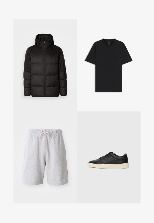 Svart puffjacka med blixtlås, huva, quiltade sektioner och elastiska mudd, tillverkad av ett slätt, vattentåligt material.; Svart kortärmad T-shirt i en mjuk bomullsblandning, med rundad halsringning och en minimalistisk design utan mönster eller detaljer.; Grå bomullsshorts med elastisk midja och snörning. Längd till mitten av låren med sidsömmar och mjukt tyg. Inga fickor eller synliga mönster.; Svart låg skor i läder med svarta snören och off-white sula, visas i sidoprofil på vit bakgrund.