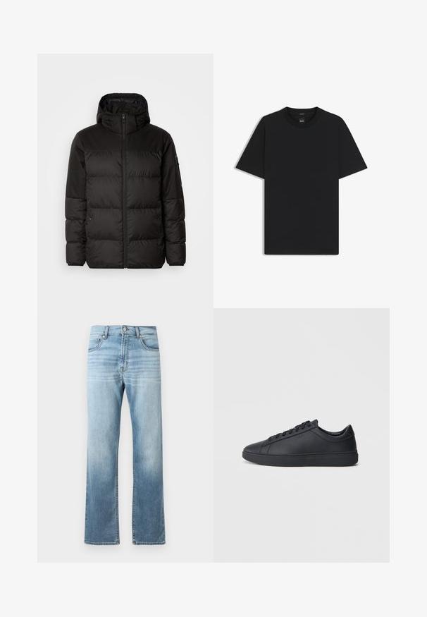 Svart puffjacka med blixtlås, huva, quiltade sektioner och elastiska mudd, tillverkad av ett slätt, vattentåligt material.; Svart kortärmad T-shirt i en mjuk bomullsblandning, med rundad halsringning och en minimalistisk design utan mönster eller detaljer.; Ljusblå denimjeans med rak bendesign, med blekningar längs låren, två framfickor och en klassisk knappstängning.; Svarta sneakers i slätt läder med låg design, rund tå och platt gummisula. Har snörning och subtil branding.